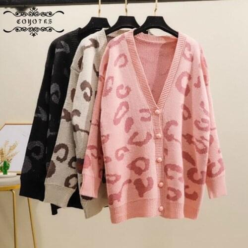 Sweaters Women Leopard Cardigans Womens Korean Style Plus Size 3XL Outerwear Loose Single Breasted Fashion Chic Autumn Warm