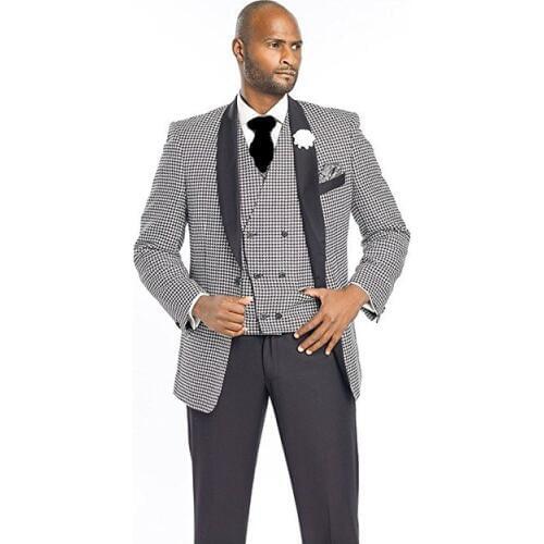 High Quality One Button Houndstooth Groom Tuxedos Shawl Lapel Groomsmen Mens Wedding Prom Suits (Jacket+Pants+Vest+Tie) NO:60