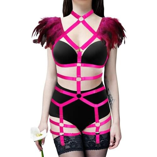 Sexy Feather Cage Bra Harness Belt Hollow Out Party Rave Wear Full Body Harness Women Elastic Stocking Bandage Strappy Bralette