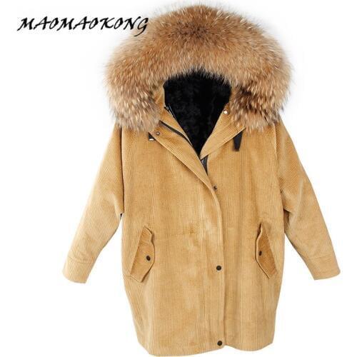2017 new winter jacket coat women parka fur coat Corduroy real raccoon fur collar warm thick lamm fur wool liner parkas