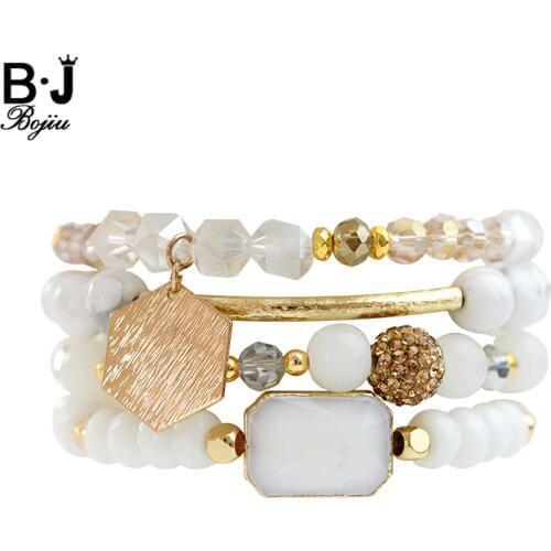 BOJIU White Crystal Howlite Women Bracelets Simple Ag. Stone Shambala Charm Bracelet Jewelry Fashion Bead Bracelets Set BCSET119