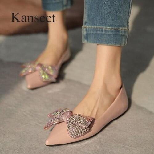Kanseet New 2021 Spring Autumn Womens Pumps Genuine Leather Butterfly-Knot Decoration Comfort Low Heels Shallow Woman Shoes