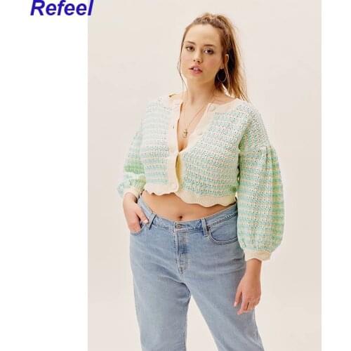 Women New Fashion Hollow Out Stripe Knitted Cardigan Sweater Vintage V Neck Long Sleeve Short Female Outerwear Chic Tops