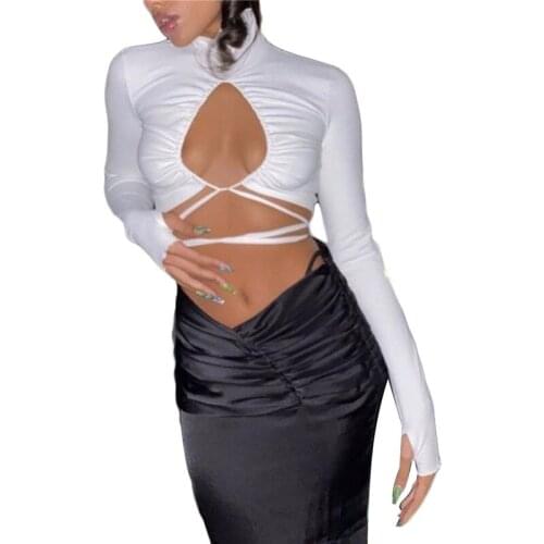 Women’s Sexy Hollow Tie-Up Crop Top Fashion Long Sleeve Solid Color Exposed Navel T-shirt Casual Slim Fit Tee Top Streetwear