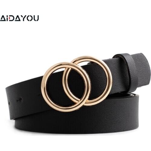 Womens Belt Double O-ring Buckle Faux leather Alloy Leisure Double Circle Buckle Belt acc303