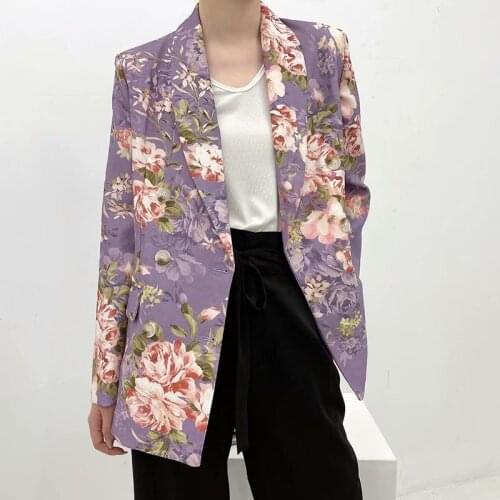 Spring Autumn 2021 Vintage Flowers Printing Blazer Women Purple Double Breasted Casual Mid-length Long Sleeve Suit Jacket Female