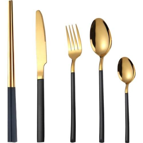 5pcs Covered Golden Cutlery Complete Dinnerware Set of Tableware Flatware Dinner Kitchen Accessories Forks and Spoon Chopstick