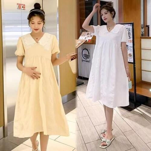 64421# Maternity Dress Summer Short Sleeves Easy Matching Loose Stylish Lace Dress Pregnant Women Mom Dress