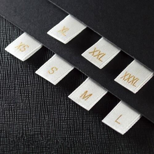 1000pcs White Satin Size Label Tags Gold Text with Cut and Folded XS-XXXL Soft Satin Clothing Tags White Washing Care Labels