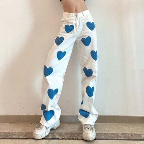 White Jeans Heart Printed Low Waist Loose Wide Leg Straight Long Baggy Jean 2021 Summer New Casual Streetwear Female Denim Pants