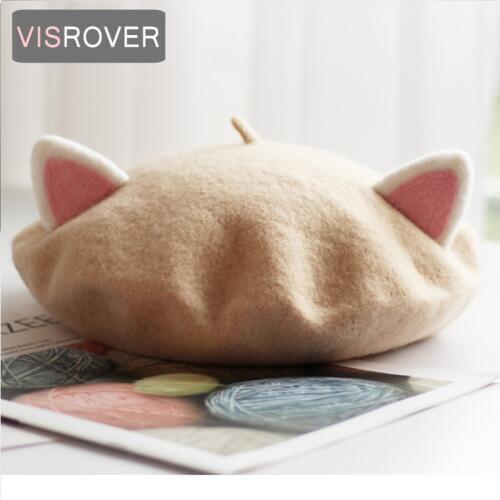 VISROVER 2019 new unisex kid beret cute cat shape hat winter cap autumn Punk Beret Hat Rabbit Solid Children Wholesale Beret kid