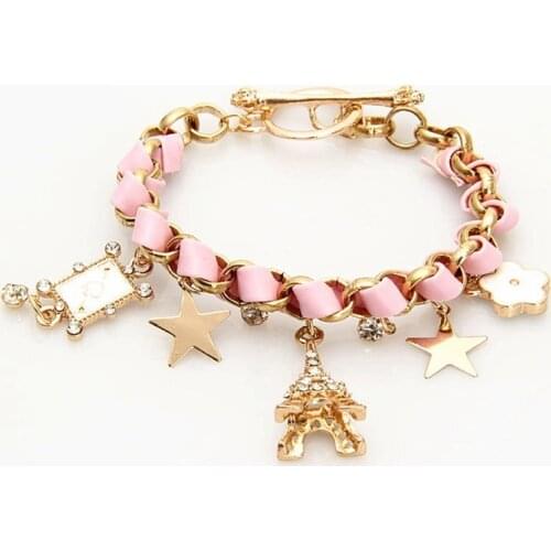 Free Shipping Fashion Jewelry Multielement Gold Chain Leather Rope Crystal Handmade Bracelet Eiffel Tower Star Pendant