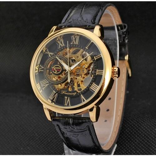 FORSINING 3D Logo Black Gold Men Skeleton Mechanical Watch Man Watches Top Brand Luxury Leather WINNER Design Montre Homme 2020