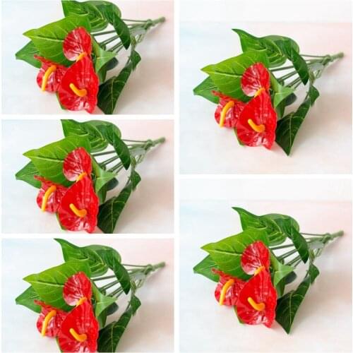5PCS 12Heads 34cm Artificial Anthurium Bouquet Home Garden Office Fake Flower Ornament Living Room Decoration Artificial Tree