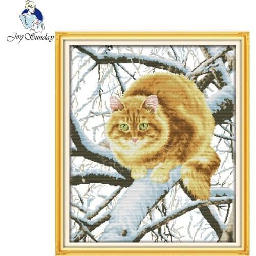 Joy Sunday The Fat Cat on The Tree Hand-embroidered Painting Needlework Embroidery Stamped Counted Cross Stitch for Home Decor