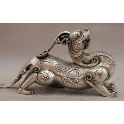China White Copper Silver Feng Shui mythical wild animal Brave troops Statue