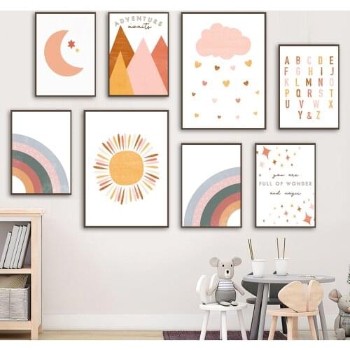 Sun Moon Stars Clouds Rainbow Mountain Letters Wall Art Canvas Painting Nordic Posters And Prints Wall Pictures Kids Room Decor