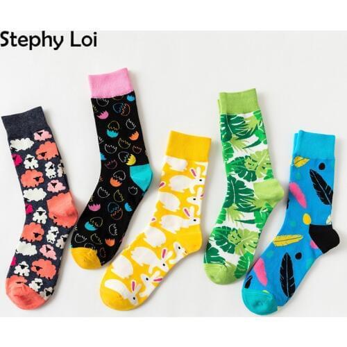 New Colorful Sheep Rabbit Leaf Egg Pattern Cotton Women/men Crew Socks Harajuku Crazy Sox Yellow Blue Streetwear Novelty
