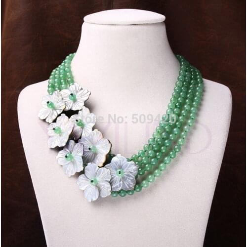 Wholesale>>>carved flower green stone multi-layer abalone pendant elegant strand necklace