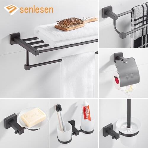 Senlesen Gun Gray Bathroom Accessories 304 Stainless Steel Clothes hook Toilet Paper Holder Wire Drawing Hardware Pendant Set