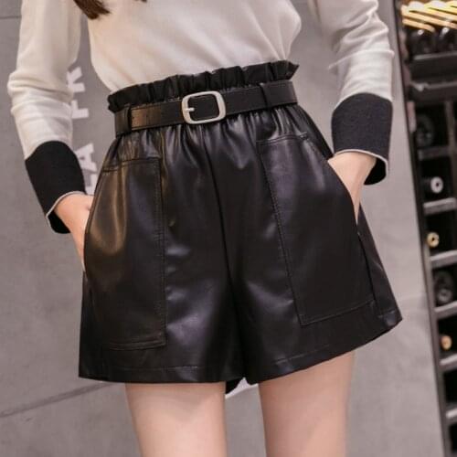 Harteen Casual Pocket Leather Shorts Vetement Femme 2021 Autumn Fashion Womens Clothing Elastic High Waist Wide Leg Sashes Short