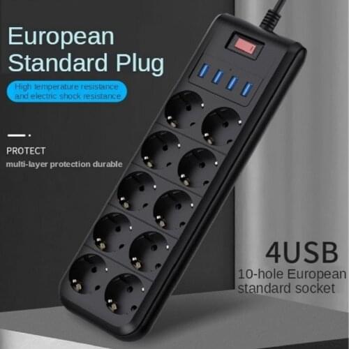 EU Plug Power Strip Multiprise Socket Adapter 3.4A USB Charging Port 2M Cable Extension Cord Outlets Surge Protector Line Filter