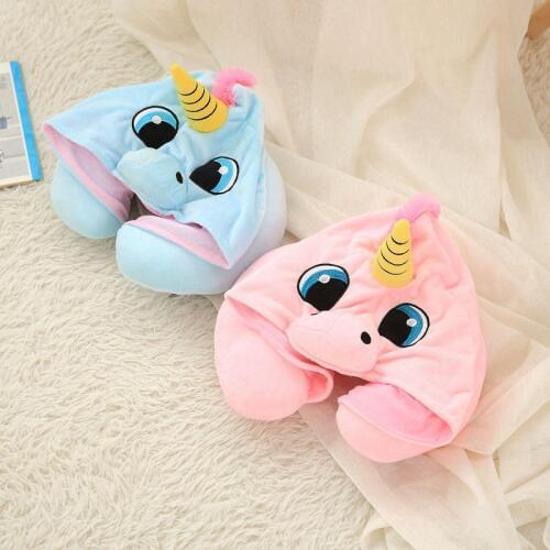 Cute Unicorn U Shape Plush Pillow Cartoon Neck Pillow Office Airplane Hooded Neck Pillow Cushion For Sleep Outdoor Travel Pillow