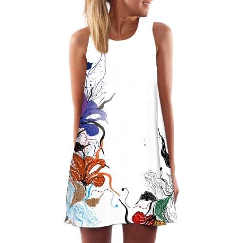 Stylish Bar Bohemian Short Summer Mini Dress Ladies Vintage Boho Women Summer Sleeveless Beach Short 3D Floral Print Mini Dress