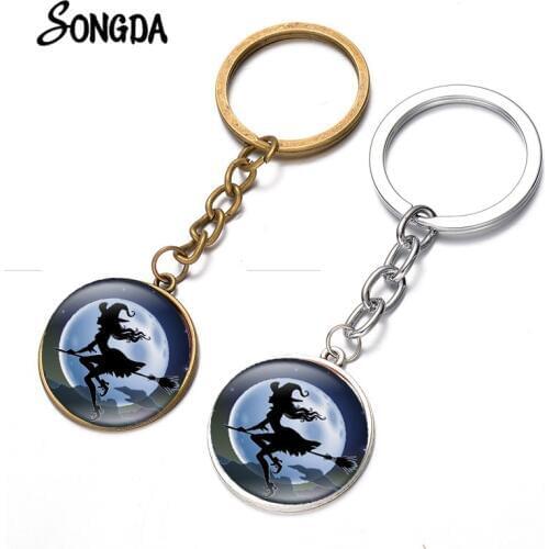 Broom Flying Witch Moon Keychain Halloween Night Bat Photo Bronze Plated Key Ring Women Charm Festival Trinkets Men Women