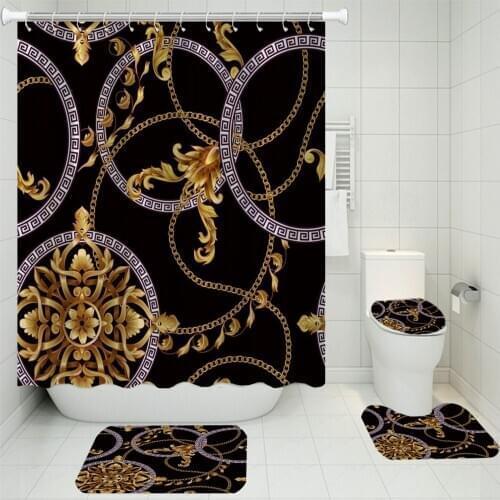 3/4 Pieces Golden Chain Flower Shower Curtains Sets Vintage Baroque Carpet U-shaped Pad Home Mat 3D Print Eurporean Bathroom Set