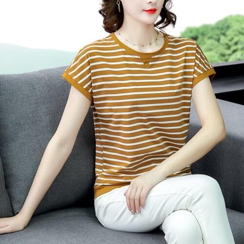 9306 Womens T-Shirt Fashion Urban Elegant Classic Striped Pullover Loose O-Neck Patchwork Short Sleeve Color Contrast Tees Tops