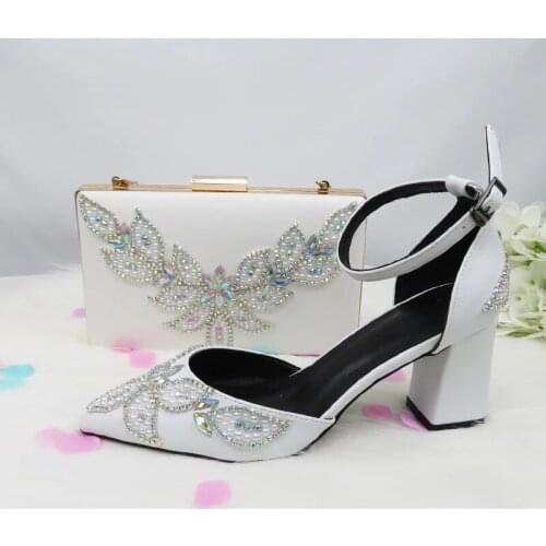 2021 Women White Wedding Shoes Summer Ladies Party Pumps And Bag Crystal Pointed Toe Sandals Ankle Strap Dress Shoes Handbag