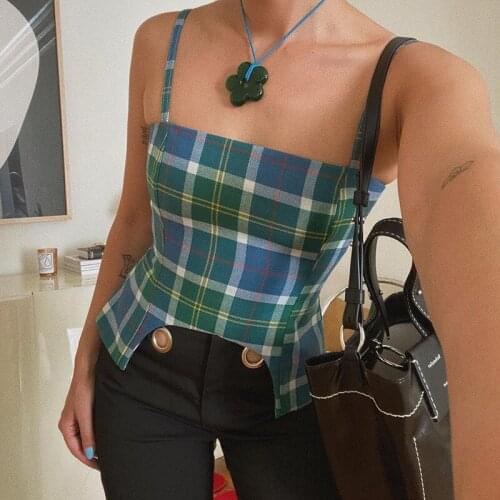 SEASONS Summer Short Sweet Top Suspender Green Plaid Camisole Casual Style For Women Daily Outing Party Clubwear 2021 ASVE83723