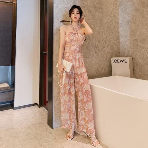 New arrival fashion summer chiffon jumpsuit women beach print temperament spaghetti strap sexy sweet pink elegant thin jumpsuit