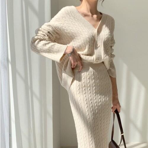 Autumn Winter Knitted Two Piece Set Women Long Sleeve Sweater Cardigan Coat + Bodycon Skirts Sets Korean Fashion 2 Piece Suits