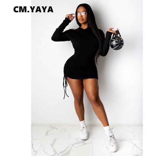 CM.YAYA Women Autumn Stacked Bodycon Mini Dress Streetwear Cut Out Tie Up Long Sleeve Pencil Bandage Hooded Dresses