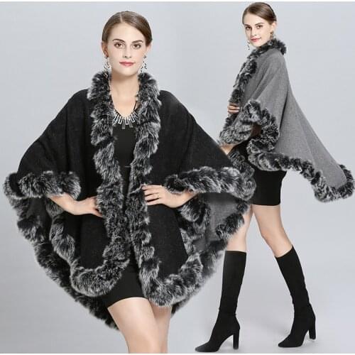 2021 Winter Warm Plus Size Printed Long Poncho Faux Fur Collar Outstreet Shawl Women Faux Fox Fur Loose Cardigan Coat With Hat