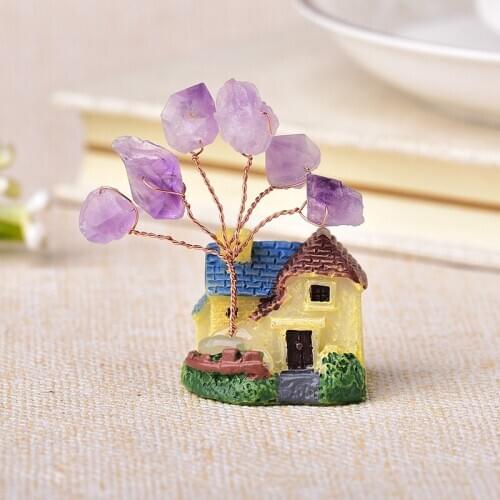 1PC Natural Amethyst Lucky Tree Crystal Quartz Mineral Ornaments Garden Decoration Home Decoration Mini House Christmas DIY Gift
