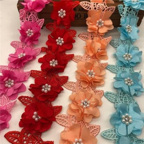 15Yards Pearl 3D Chiffon Rose Flowers Lace Trim Ribbon Fabric Handmade Embroidered Applique Wedding Dress Sewing Craft Decor