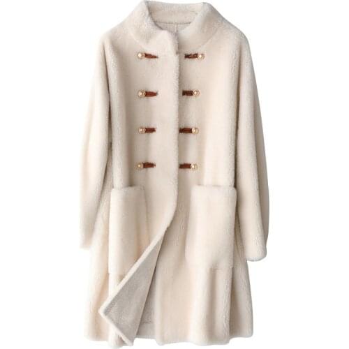 Ayunuse 100% wool jacket, winter coat with natural fur, womens long sheep haircut, fashion fur coats and jackets for women 2020