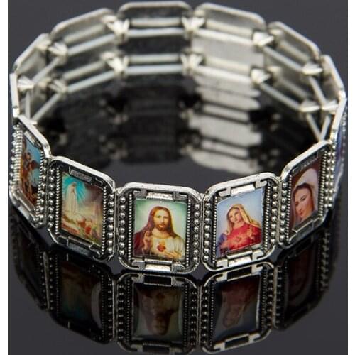Alloy Bracelet Catholic Saint Jesus Cross Virgin Mary Image Bracelet for Women & Men Stretch Christian Bracelets Wholesale