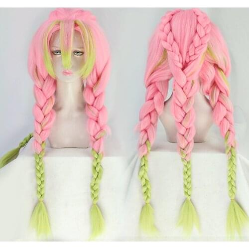 Demon Slayer Kanroji Mitsuri Cosplay Wig Kimetsu no Yaiba Long Pink Mix Green Braid Wig Synthetic Hair Perucas