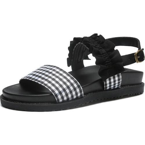 Skoex Kids Sandals Girls Fashion Casual Shoe New Buckle Strap Plaid Lace Sandals For Children Girl Princess Flat Roman Shoes