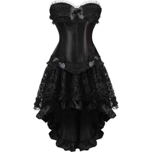 Women Burlesque Dancer Dress With Irregular Floral Lace Skirt Set Plus Size Sexy Vintage Bustier Corselet Overbust Corset Dress