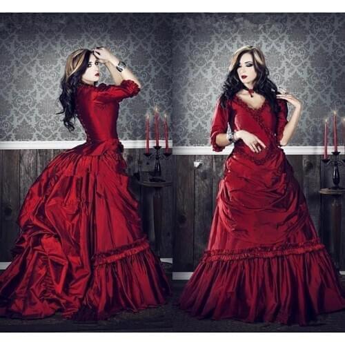 Gothic Victorian vintage wedding dresses plus size Cosplay Half Sleeves Ruffles Draped Burgundy Red Ball Gown bridal dress