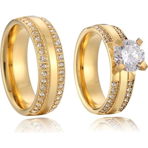 2pcs Female Wedding Engagement Rings Set Gold Color Big CZ Stone Cubic zirconia Party Fashion Jewelry Ring for Women Girls