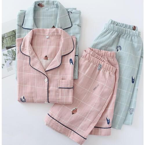 100% Cotton Gauze Short Sleeve Shorts Couples Pajamas Conch Plaid Printing Pijamas Summer Loungewear Women Sleepwear Home Sets