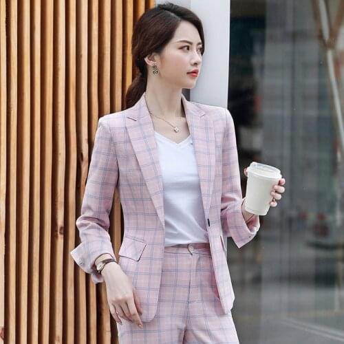 Womens pink plaid suit suit womens fashion casual temperament commuting suit jacket pants profession women two piece outfits