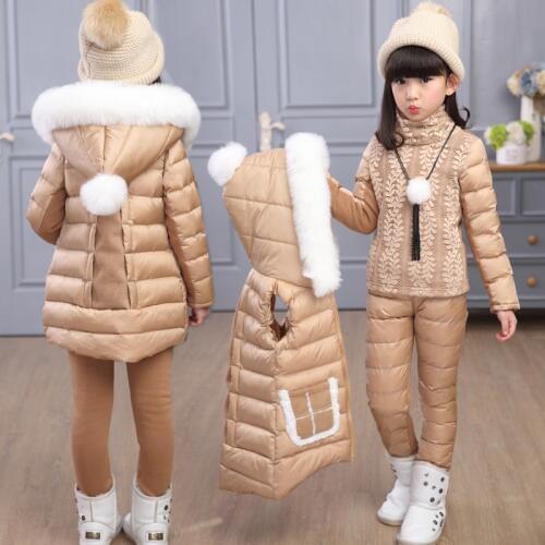 Russia Winter Girls Hooded Warm Vest Jacket Top Cotton Pants 3 Pieces Clothing Sets Coat With Fur Hood