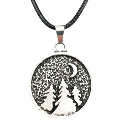 Moon And Tree In Forest Round Pendant Camping Traveling Jewelry Rope Chain Necklace